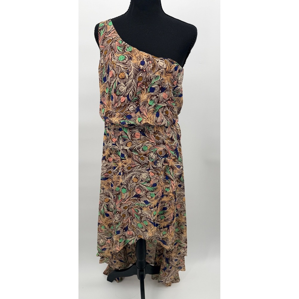 Judith March One Shoulder High Low Dress Womens Large Brown Peacock Print Good